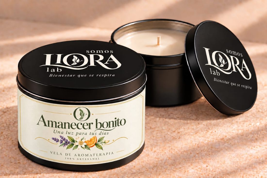 Vela de aromaterapia Amanecer bonito en lata negra con etiqueta artesanal