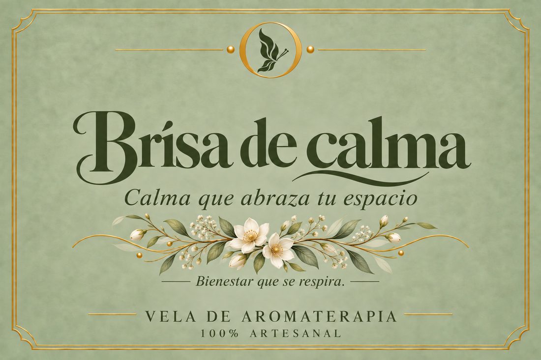 Etiqueta de Brisa de calma: calma que abraza tu espacio, vela de aromaterapia 100% artesanal