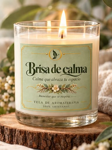 Vela de aromaterapia Brisa de Calma en vaso de vidrio con etiqueta verde