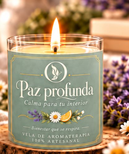 Vela de aromaterapia Paz Profunda en vaso de vidrio con etiqueta verde azulada