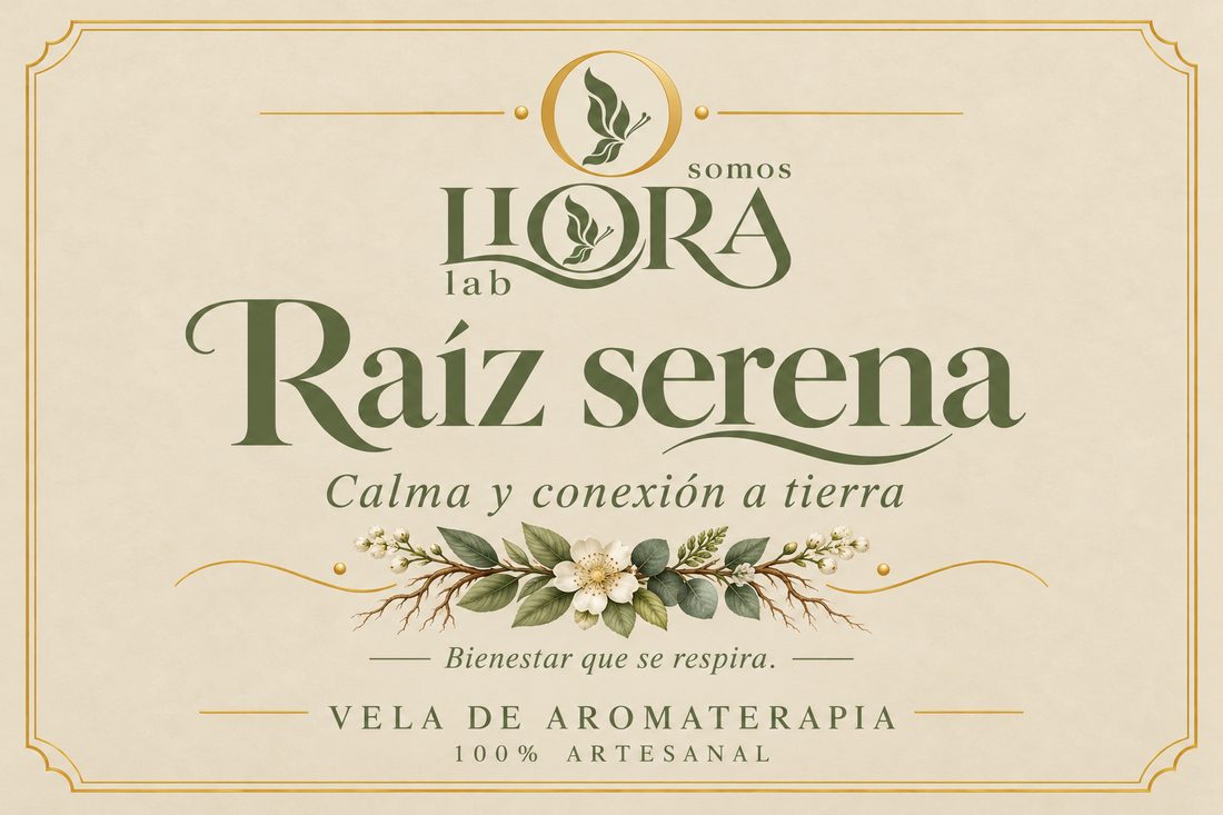 Etiqueta de Raíz serena: calma y conexión a tierra, vela de aromaterapia 100% artesanal