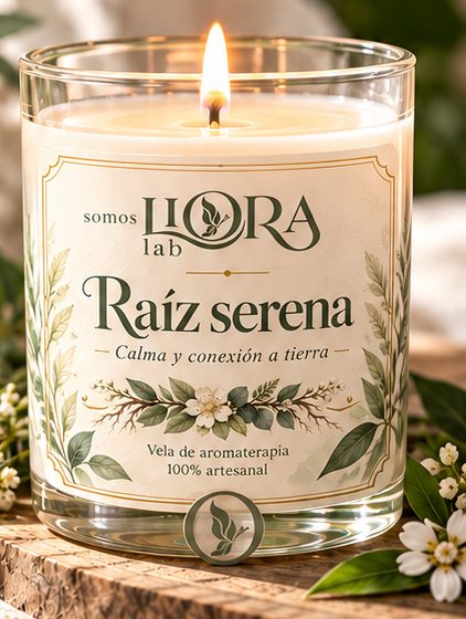 Vela de aromaterapia Raíz Serena en vaso de vidrio con etiqueta artesanal